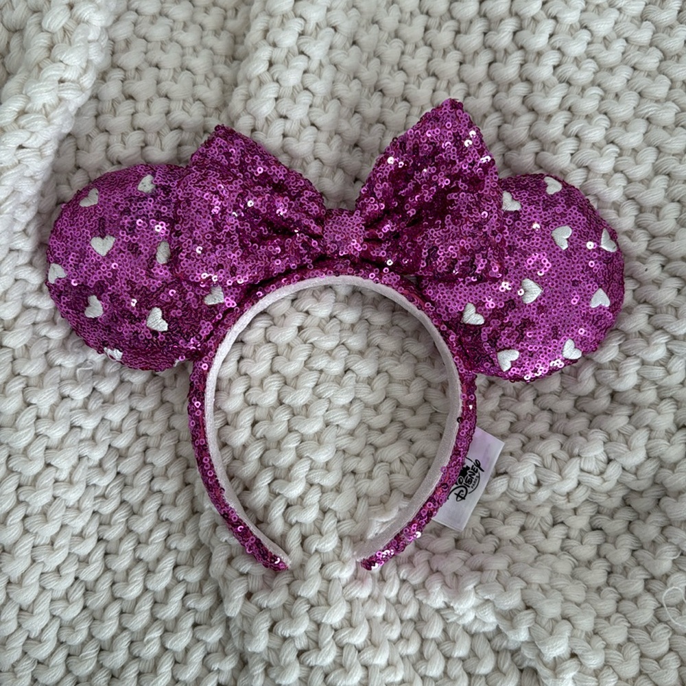 Disney Parks Minnie Ears Headband Pink Sequins & White Embroidered Hearts NWOT